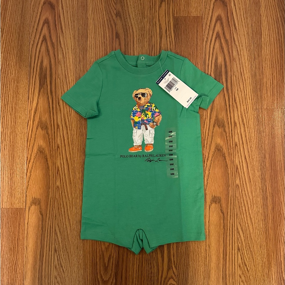 Ralph Lauren Polo Bear Striped Cotton Jersey Baby Romper Short-all,  Size 9M